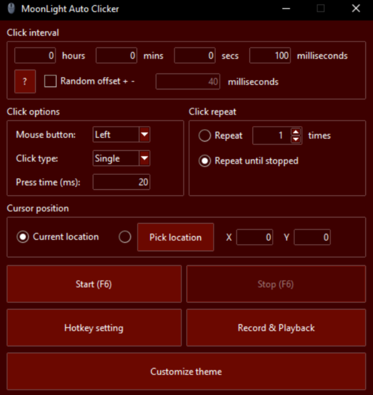 MoonLight Auto Clicker Windows application screenshot